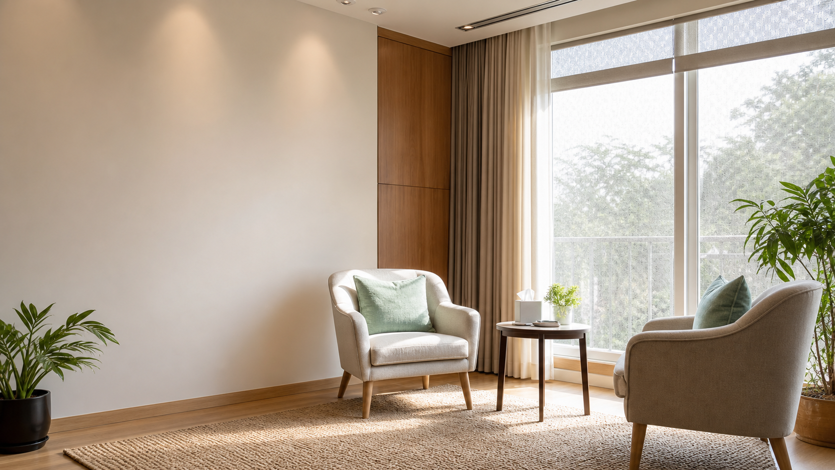 A calm therapy room with two chairs and warm natural light